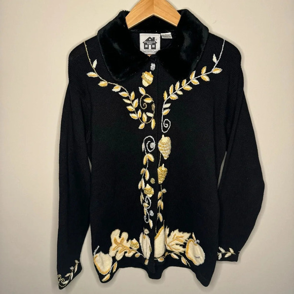 Storybook Knits Acorn Fruits Theme Cardigan Sweater Cotton Ramie Button L Black - Picture 1 of 7